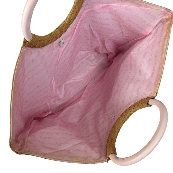 Juicy Couture Straw Tote Bag Round Handles Natural Pink - Picture 5 of 16